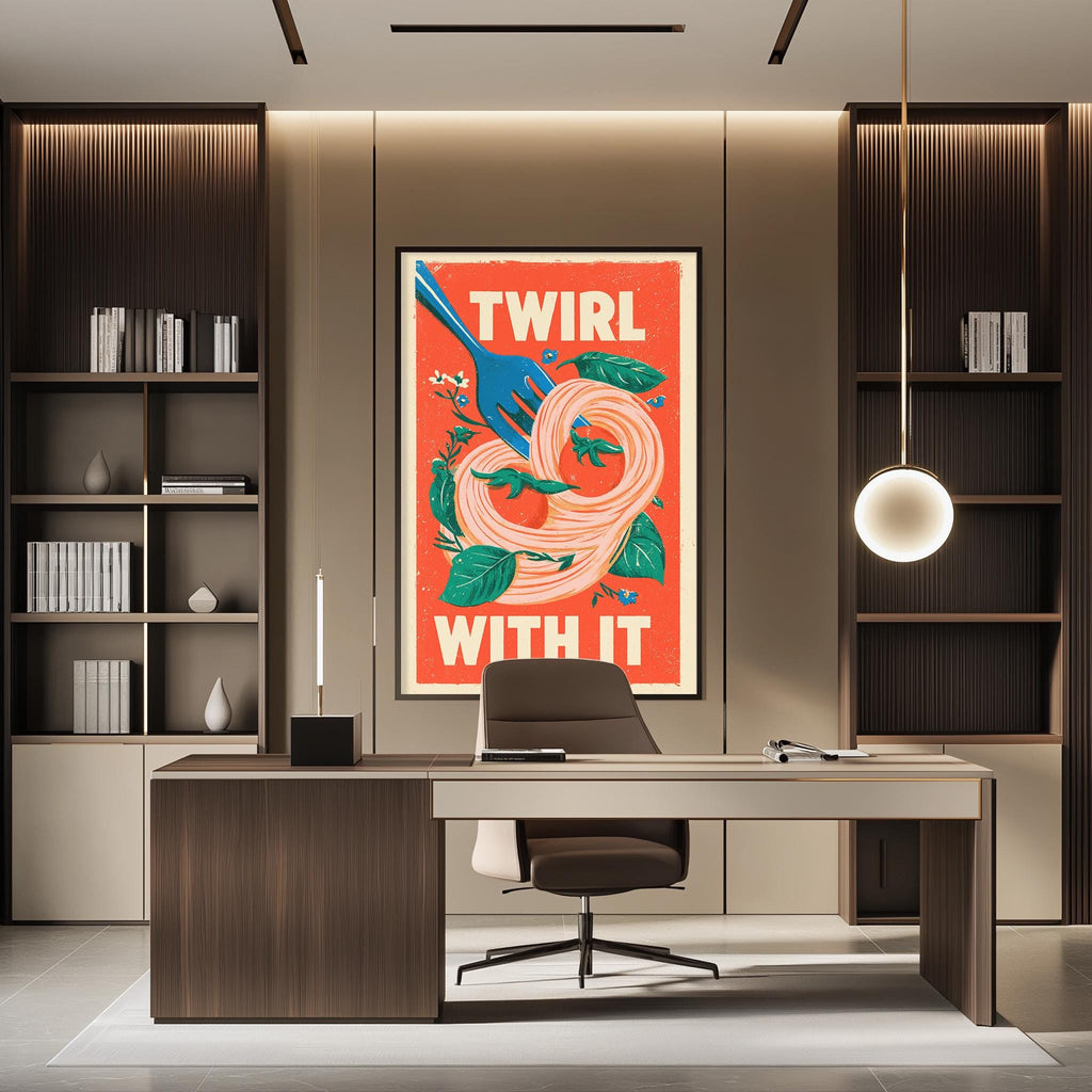 a modern office space with a large framed poster on the wall that says "TWIRL WITH IT". The office has a wooden desk, a chair, and a bookshelf. The overall design and decor of the space create a professional and stylish atmosphere.