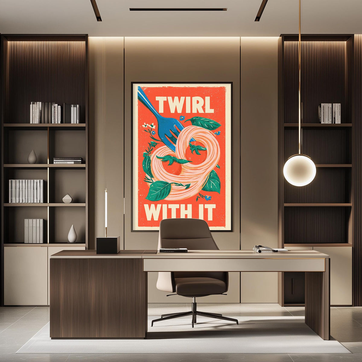 a modern office space with a large framed poster on the wall that says "TWIRL WITH IT". The office has a wooden desk, a chair, and a bookshelf. The overall design and decor of the space create a professional and stylish atmosphere.