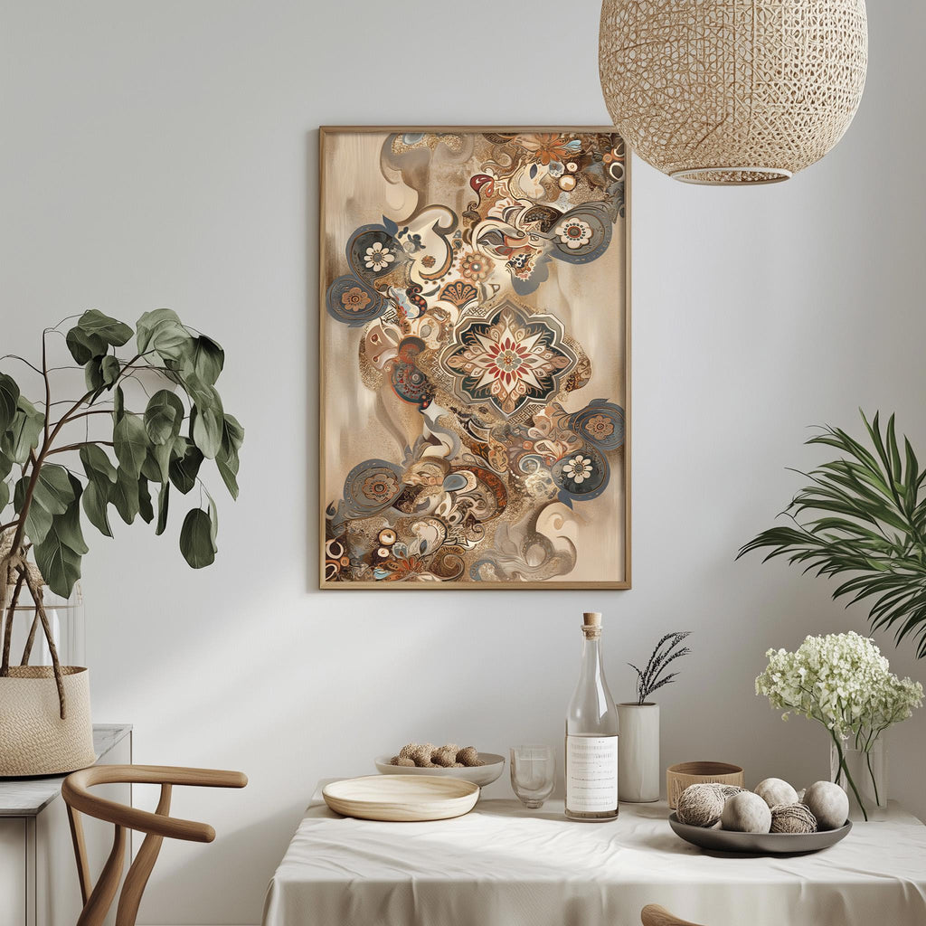 a dining room with a table set for a meal, a potted plant, a hanging light fixture, and a framed artwork on the wall.