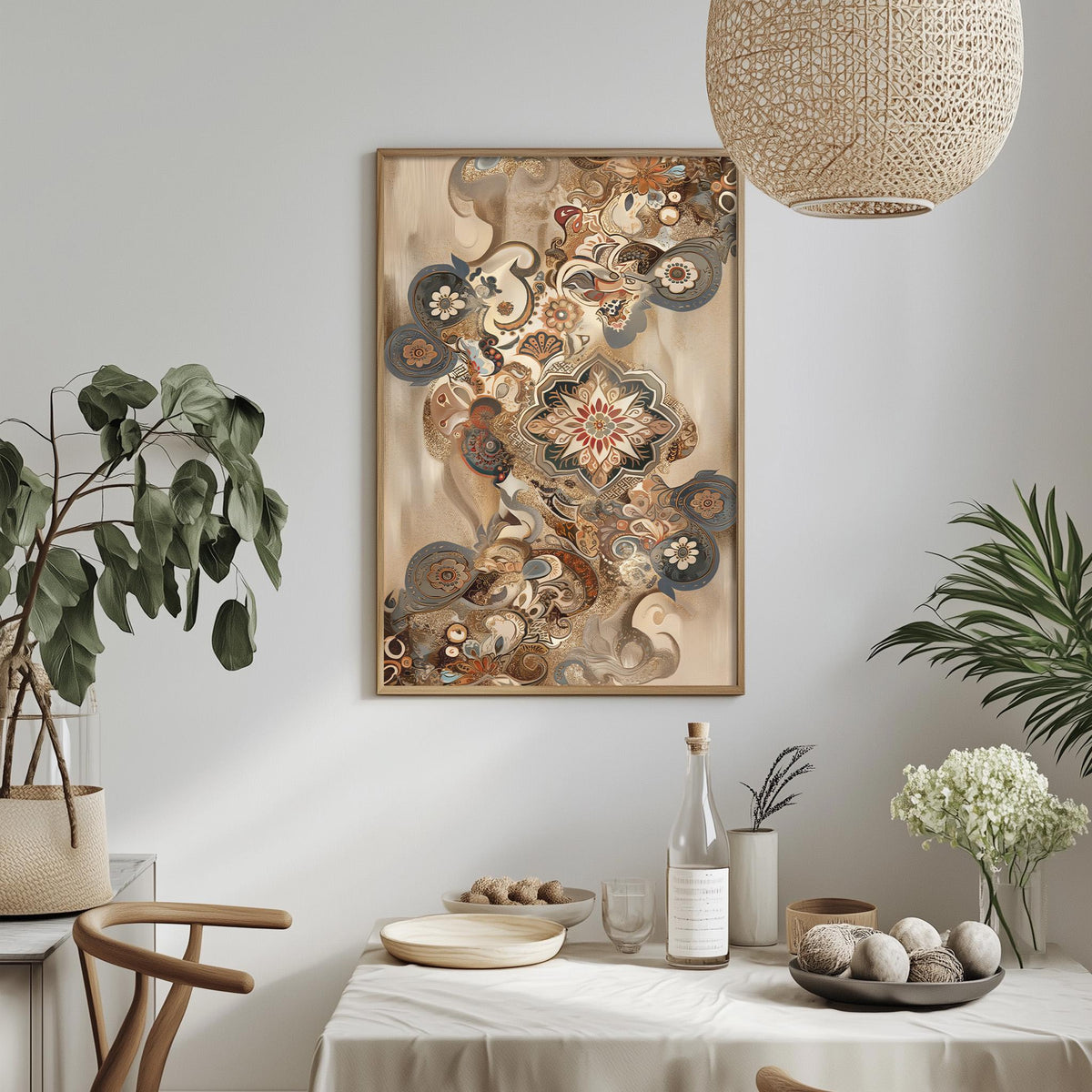 a dining room with a table set for a meal, a potted plant, a hanging light fixture, and a framed artwork on the wall.