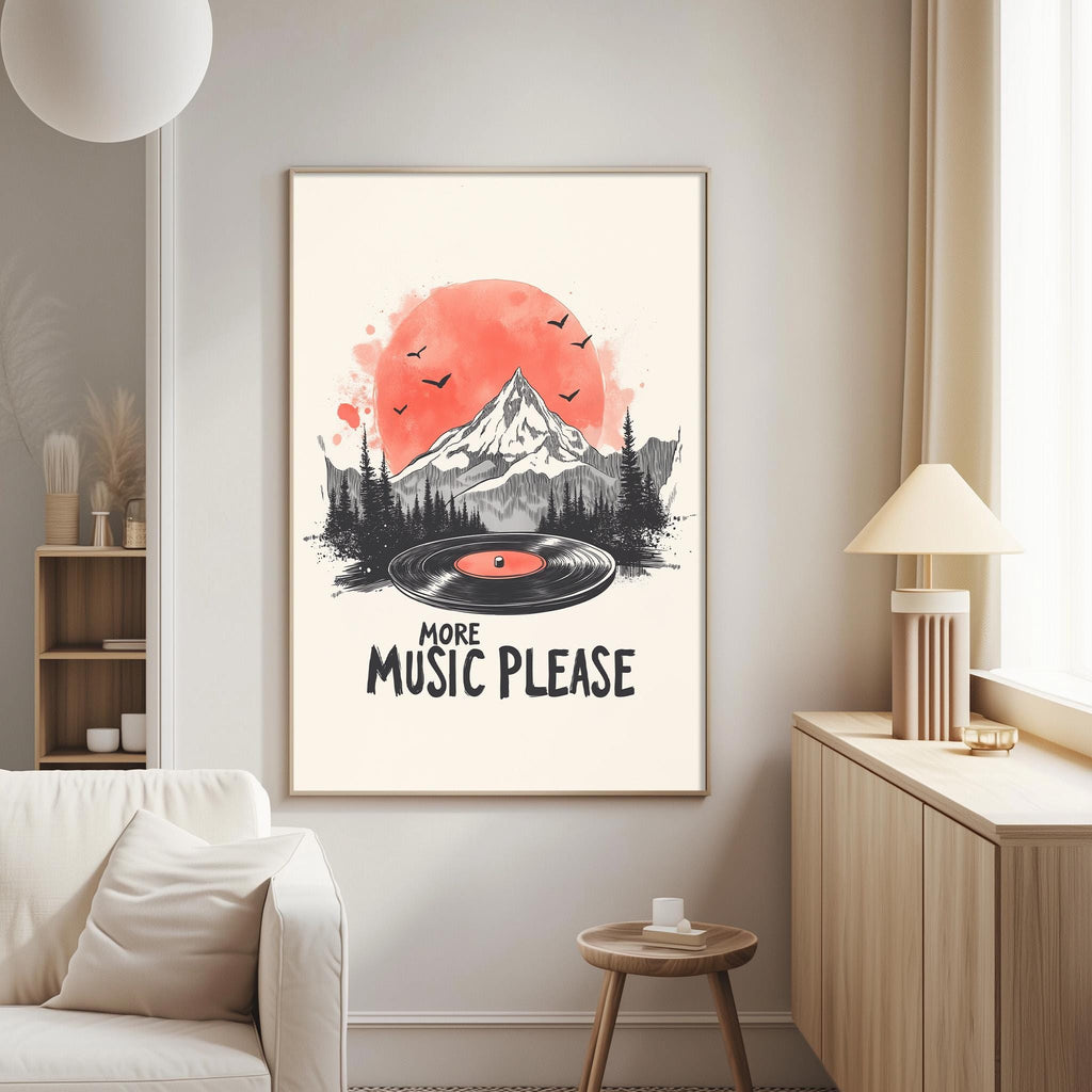 a poster with a mountain landscape and a record player, along with the text "MORE MUSIC PLEASE" displayed prominently.