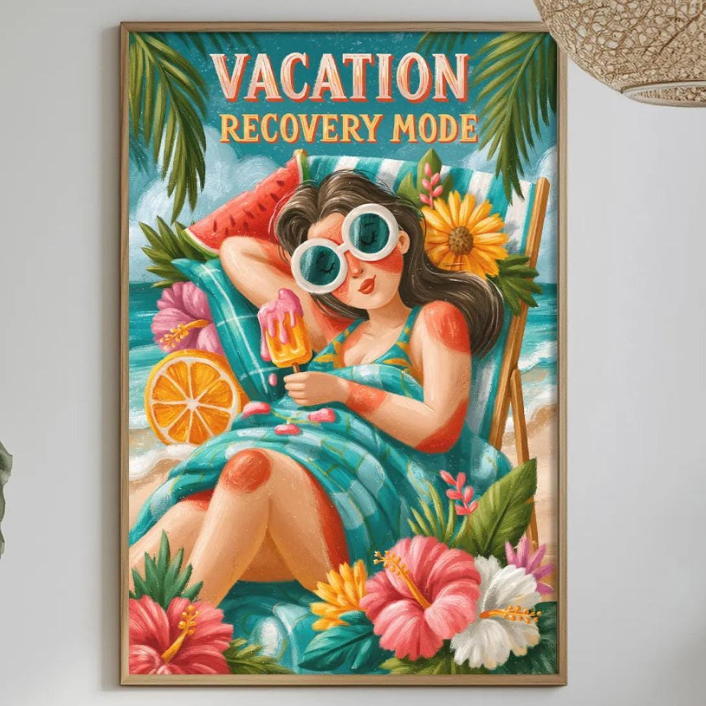 a vibrant and colorful poster of a woman lounging on a tropical beach, surrounded by various tropical elements such as flowers, plants, and a drink. The poster is hung on a wall above a dining table, which is set with plates, bowls, and other tableware. The overall scene conveys a sense of relaxation and vacation.
