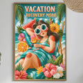 a vibrant and colorful poster of a woman lounging on a tropical beach, surrounded by various tropical elements such as flowers, plants, and a drink. The poster is hung on a wall above a dining table, which is set with plates, bowls, and other tableware. The overall scene conveys a sense of relaxation and vacation.