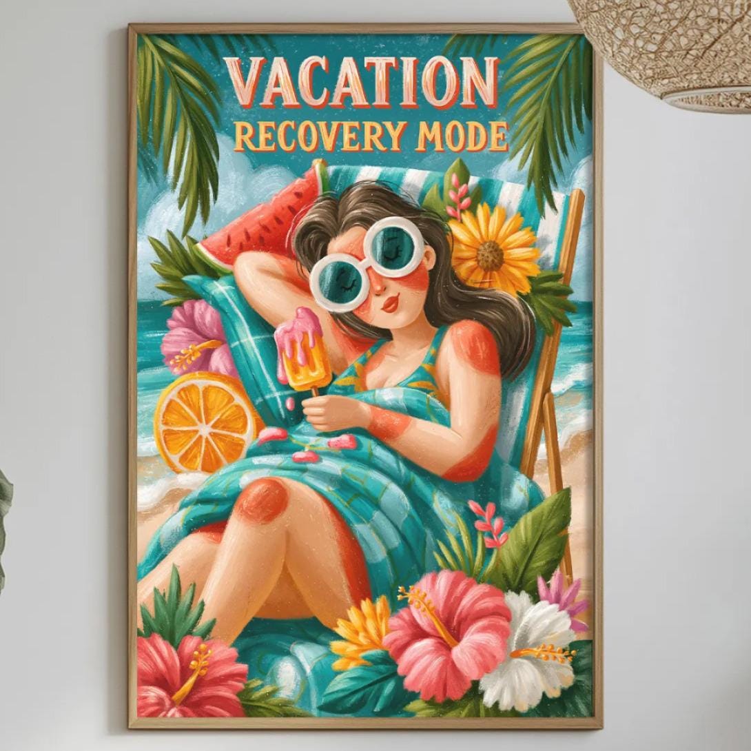a vibrant and colorful poster of a woman lounging on a tropical beach, surrounded by various tropical elements such as flowers, plants, and a drink. The poster is hung on a wall above a dining table, which is set with plates, bowls, and other tableware. The overall scene conveys a sense of relaxation and vacation.