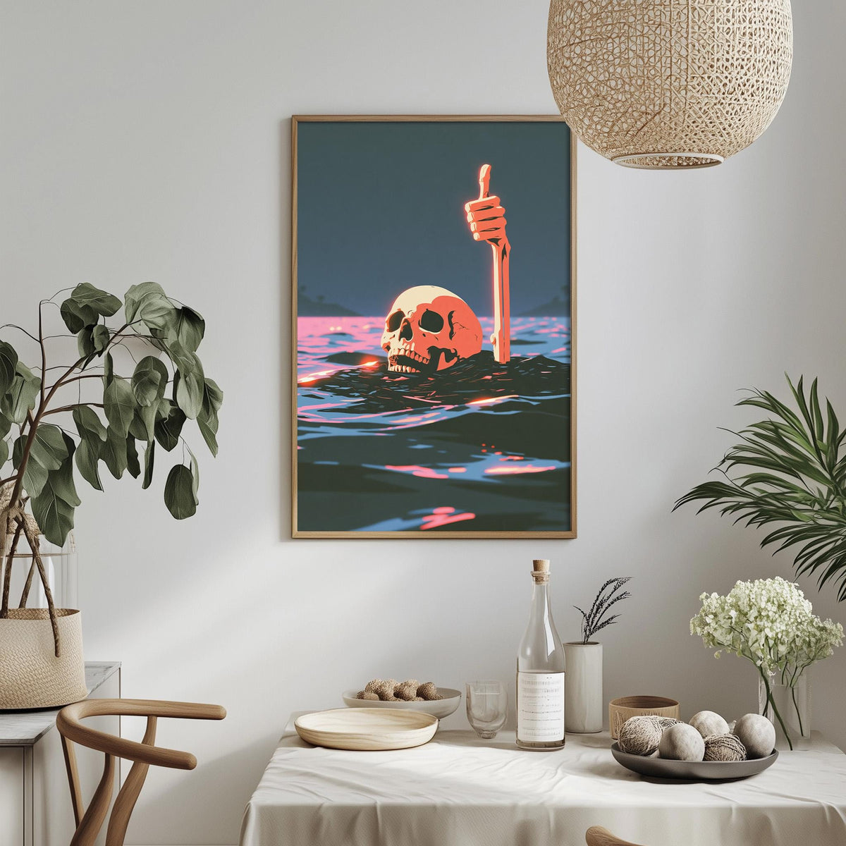 a framed artwork depicting a skull submerged in water, with a hand giving a thumbs up gesture. The artwork is hung on a wall above a dining table with various items on it, including a bottle, a bowl, and a vase.