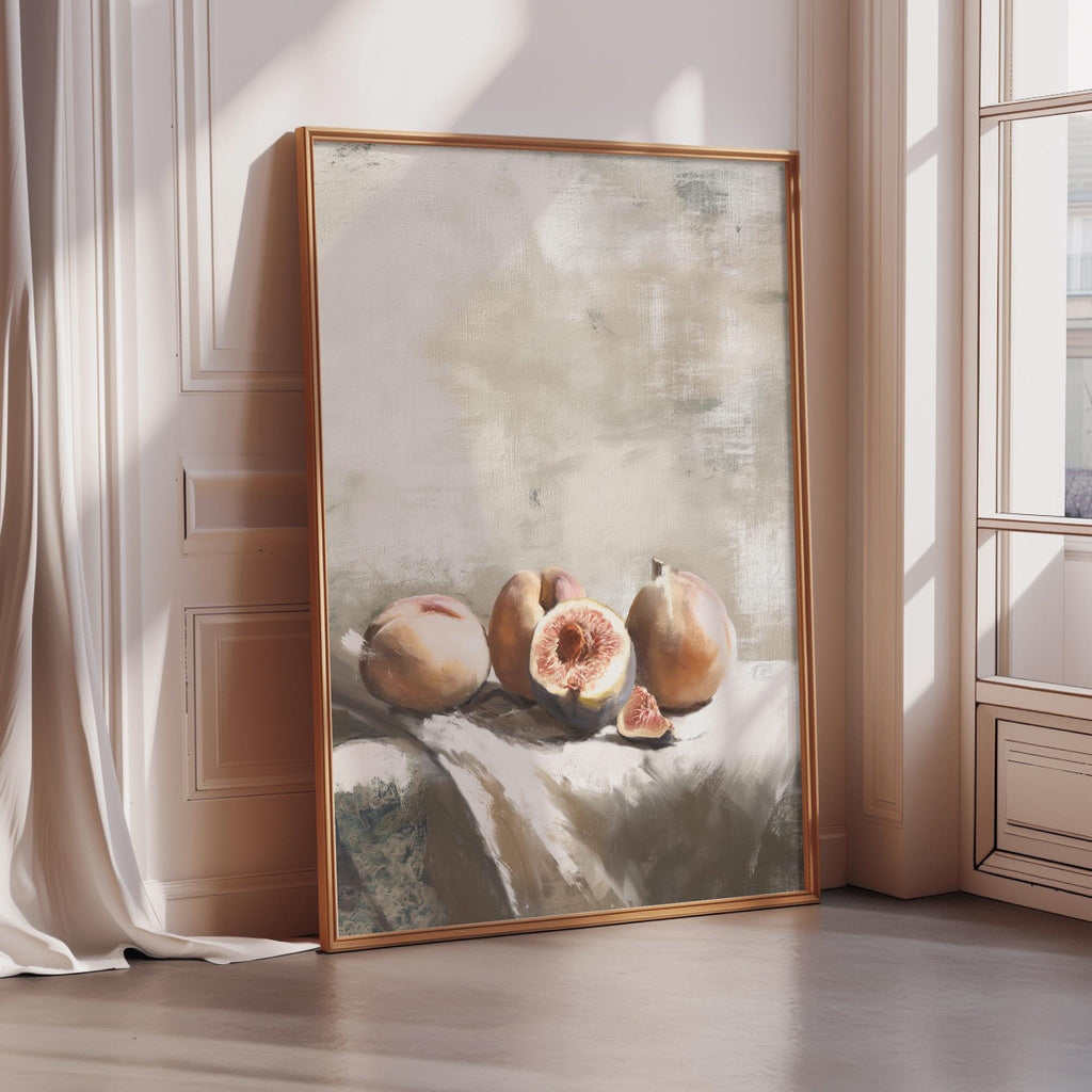 a framed painting of several peaches on a table, with the peaches being cut open to reveal their juicy interiors.
