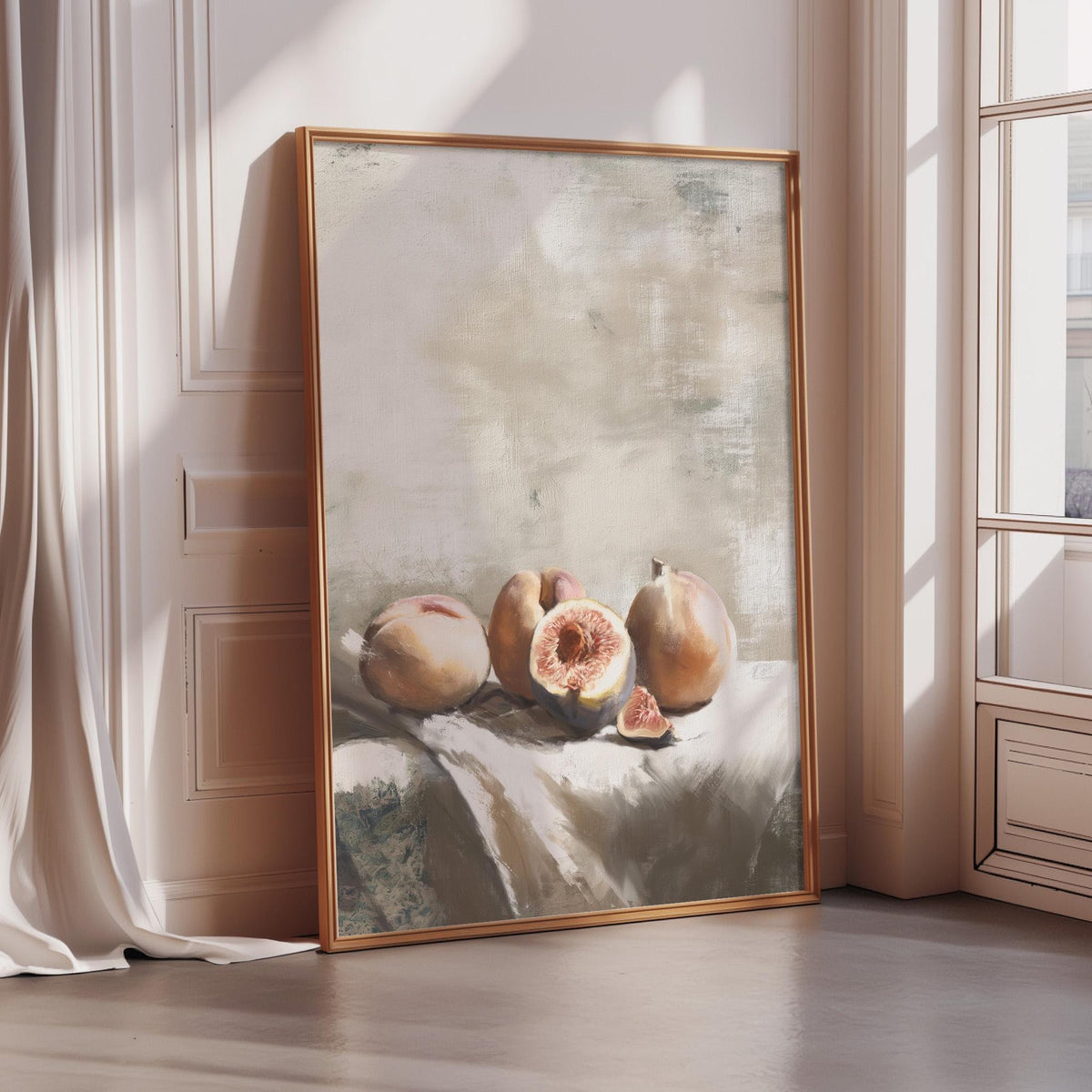 a framed painting of several peaches on a table, with the peaches being cut open to reveal their juicy interiors.