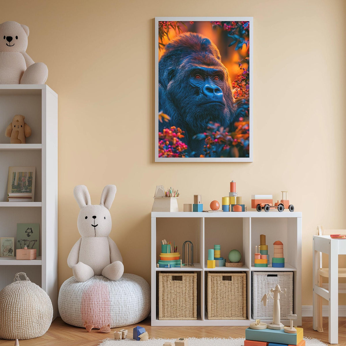 A child's bedroom with a large framed picture of a gorilla on the wall, a stuffed rabbit, a toy shelf with various toys, and a woven basket.