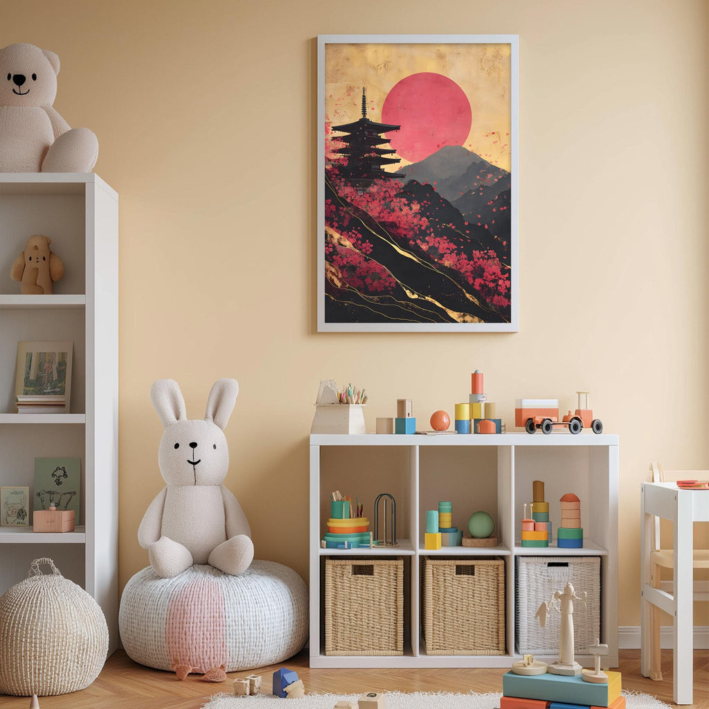 A child's bedroom with a large stuffed rabbit, a bookshelf, and a colorful poster of a Japanese temple with a red sun in the sky.
