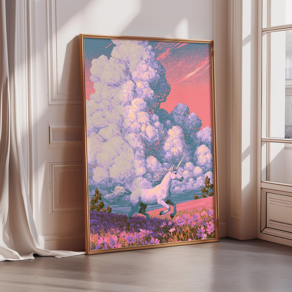 A large framed painting depicting a unicorn running through a field of flowers, with a colorful sky in the background.