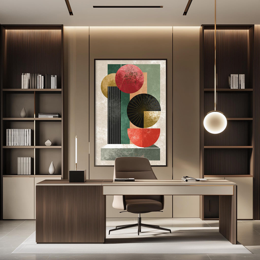 a modern and stylish office space with a large abstract painting on the wall, a wooden desk with a chair, and built-in bookshelves.