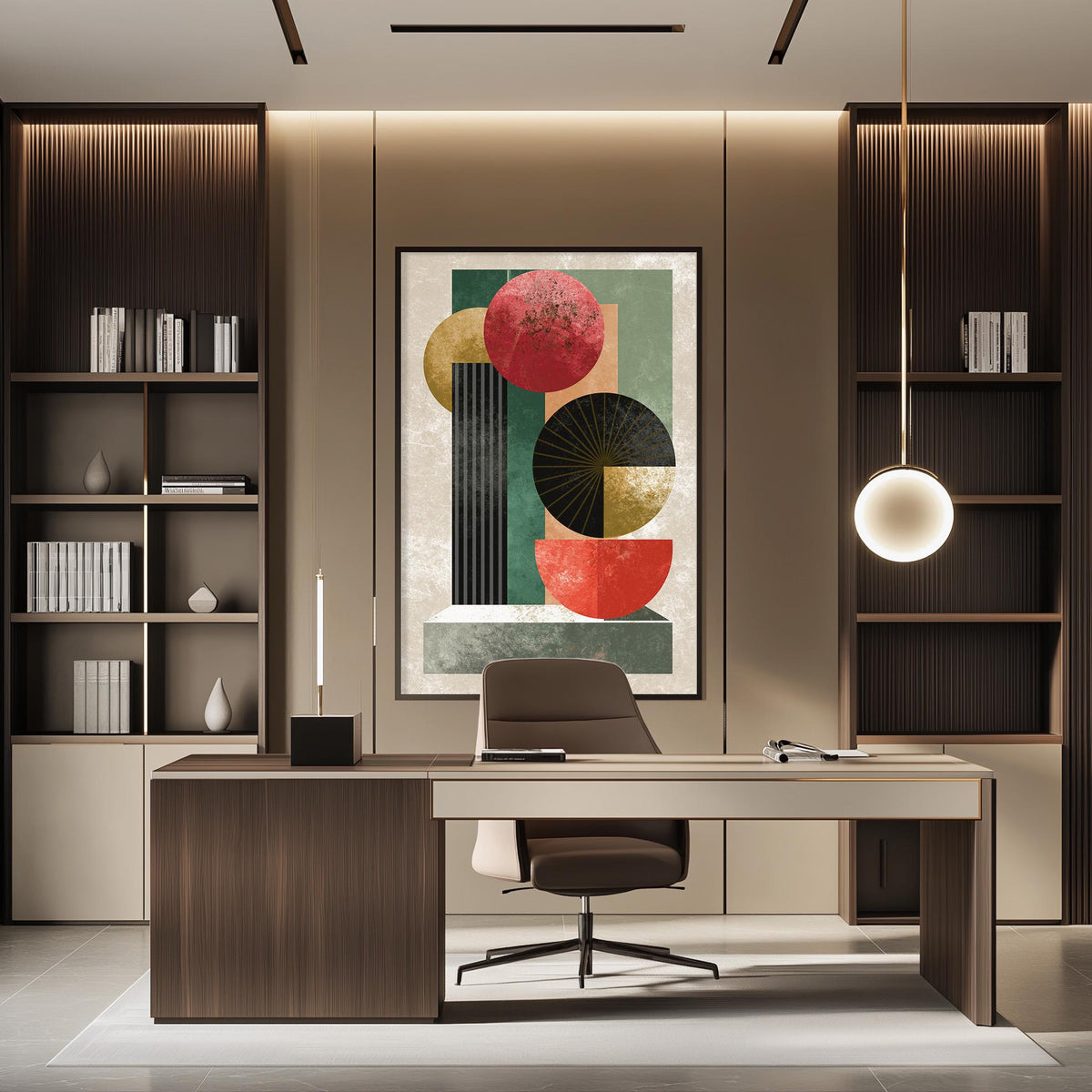 a modern and stylish office space with a large abstract painting on the wall, a wooden desk with a chair, and built-in bookshelves.