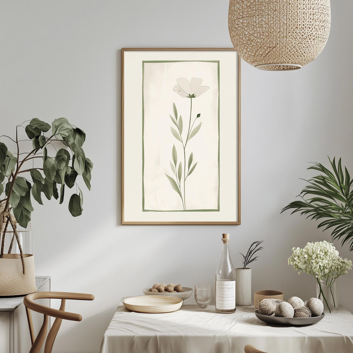 a serene and cozy dining area with a table set for two, featuring a vase of white flowers, a bowl of fruit, and a bottle of wine. A framed picture of a flower hangs on the wall above the table, and a woven light fixture hangs from the ceiling.