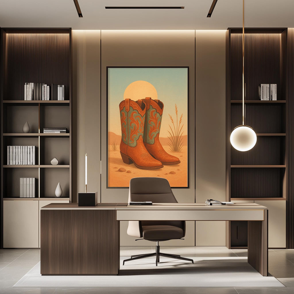 a modern office space with a large framed artwork of a pair of cowboy boots on the wall, creating a bold and eye-catching focal point.