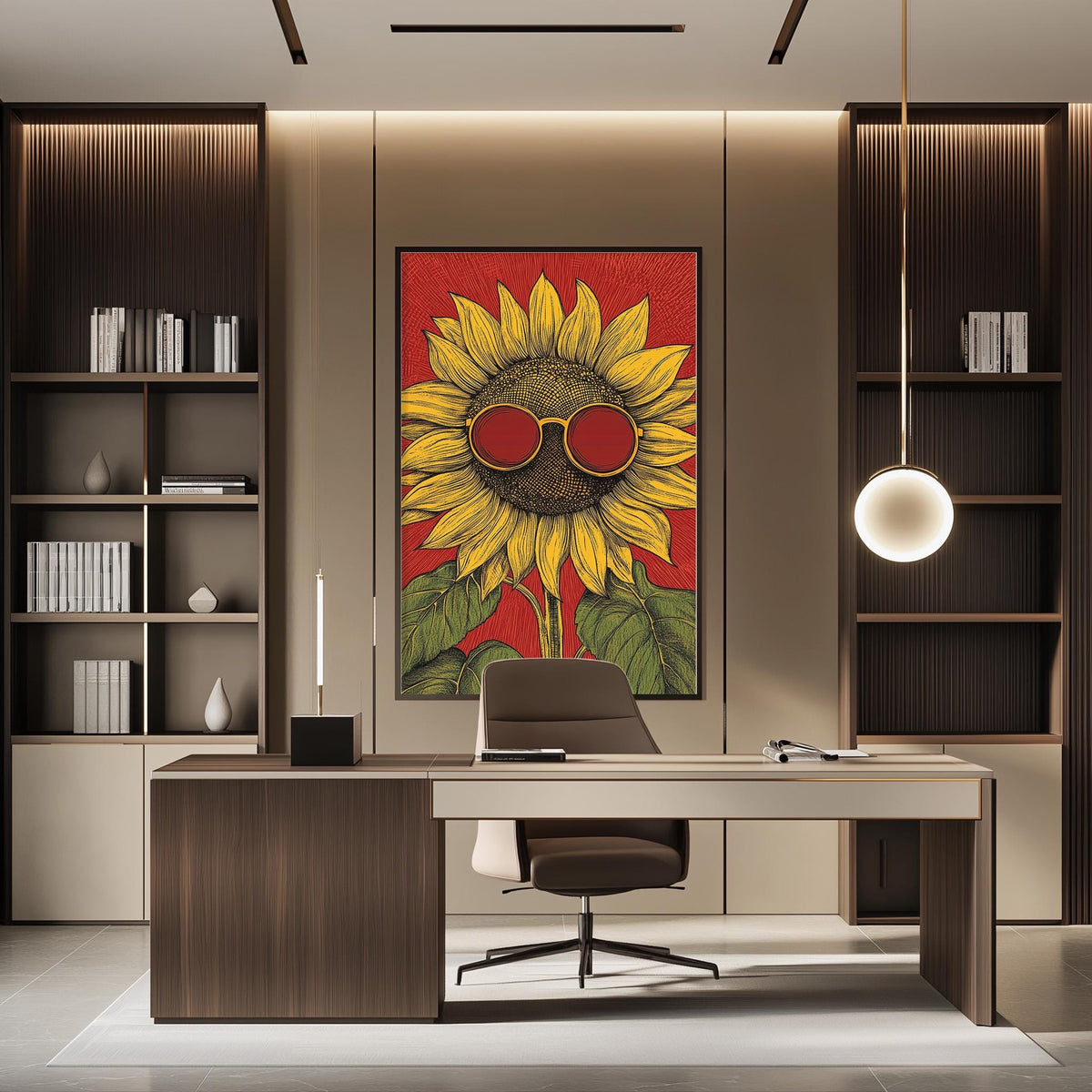 a modern office space with a large sunflower painting on the wall, a wooden desk with a chair, and a bookshelf filled with books.