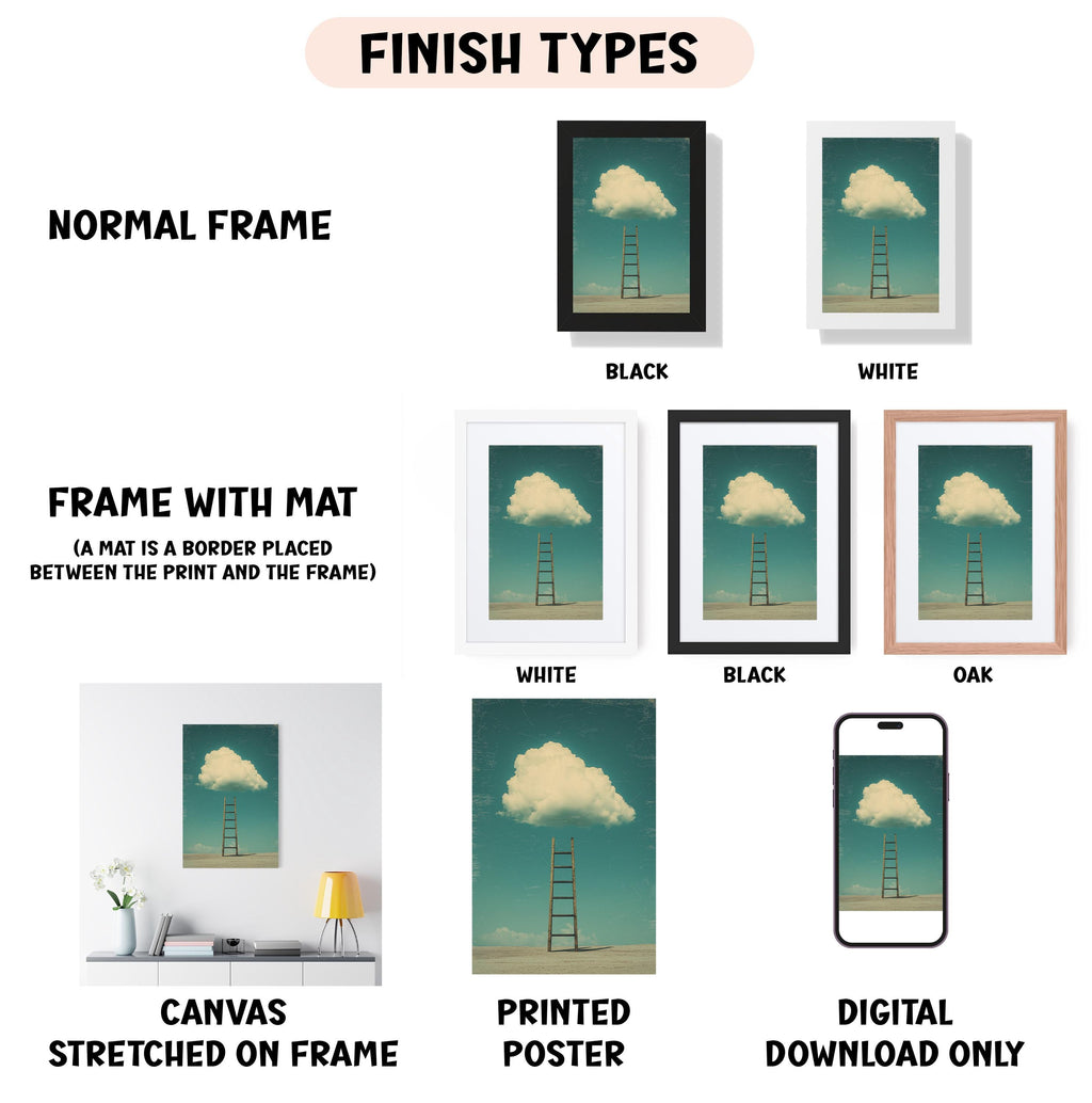 various framed artworks, including a canvas stretched on a frame, a framed poster, and a digital poster. The artworks are labeled with different finish types, such as "NORMAL FRAME", "FRAME WITH MAT", "WHITE", "BLACK", and "OAK". The artworks also feature different color schemes, such as "NORMAL FRAME", "BLACK", "WHITE", "BLACK", and "OAK". The artworks are presented in a grid format, with each piece displayed in a different frame type.