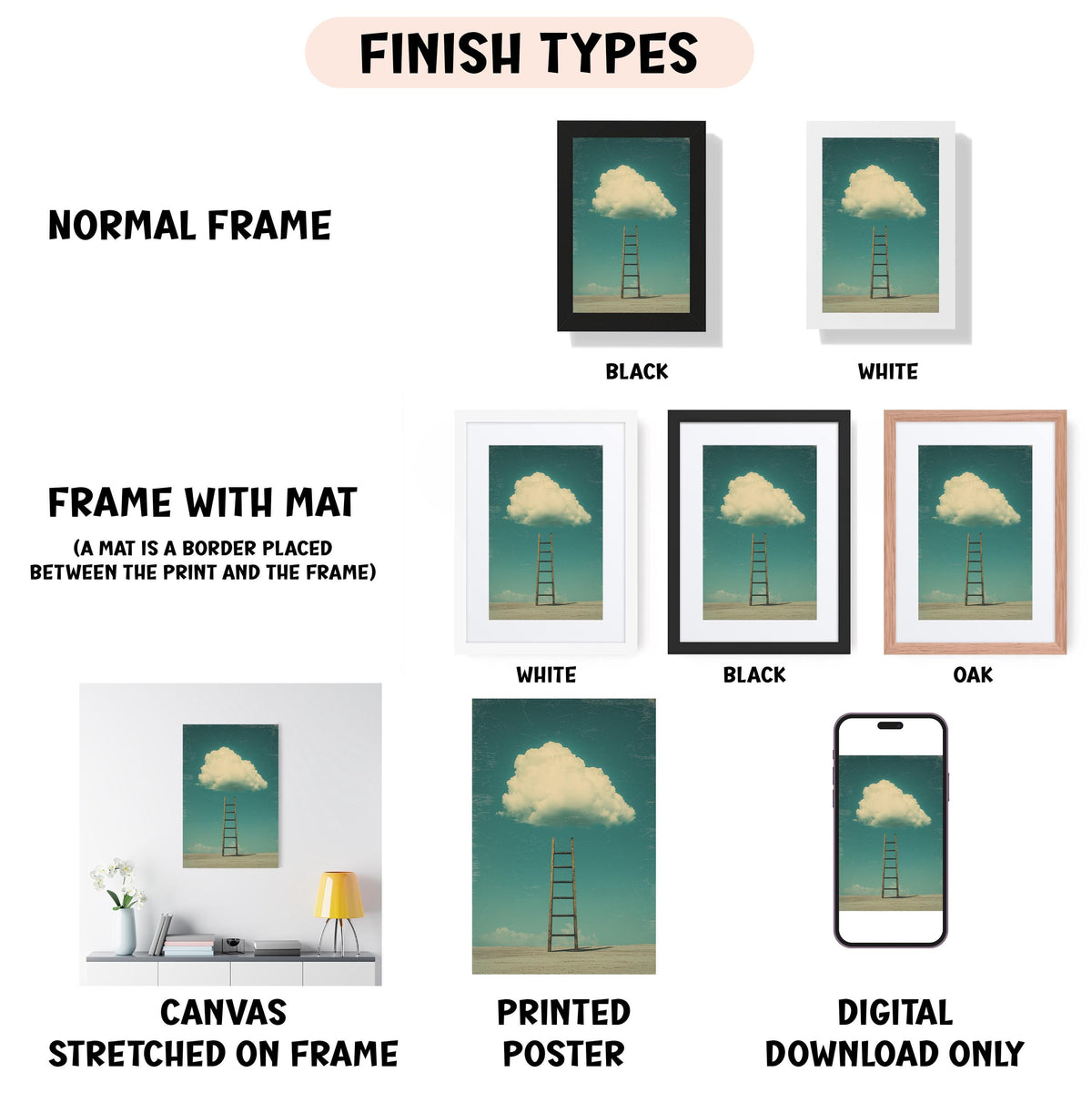 various framed artworks, including a canvas stretched on a frame, a framed poster, and a digital poster. The artworks are labeled with different finish types, such as "NORMAL FRAME", "FRAME WITH MAT", "WHITE", "BLACK", and "OAK". The artworks also feature different color schemes, such as "NORMAL FRAME", "BLACK", "WHITE", "BLACK", and "OAK". The artworks are presented in a grid format, with each piece displayed in a different frame type.