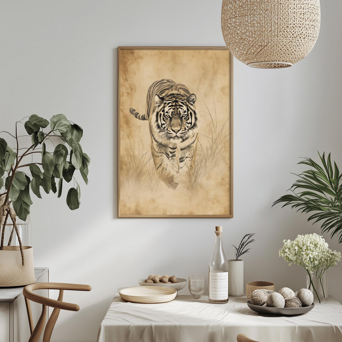 a dining table with a bowl of fruit, a bottle, and a vase of flowers, along with a framed picture of a tiger on the wall above the table.