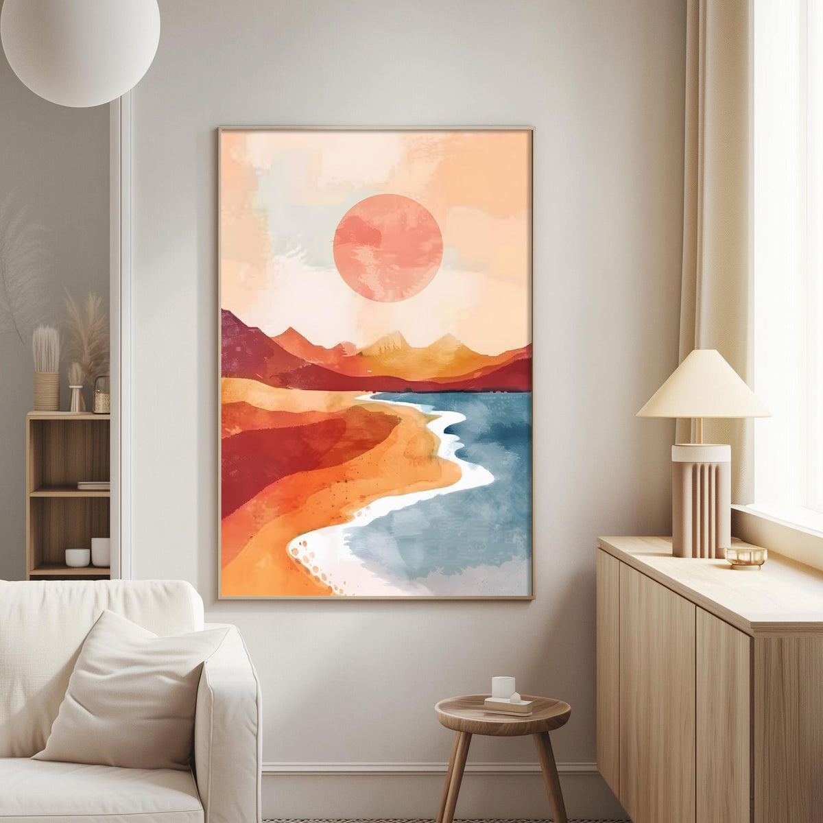 a large, colorful painting of a beach scene with mountains in the background, hanging on a wall in a living room.
