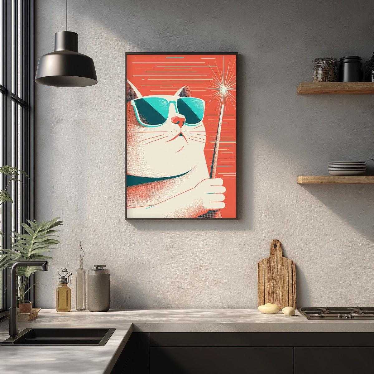 a kitchen counter with various items on it, including a framed picture of a cat wearing sunglasses, a wooden cutting board, and a potted plant.