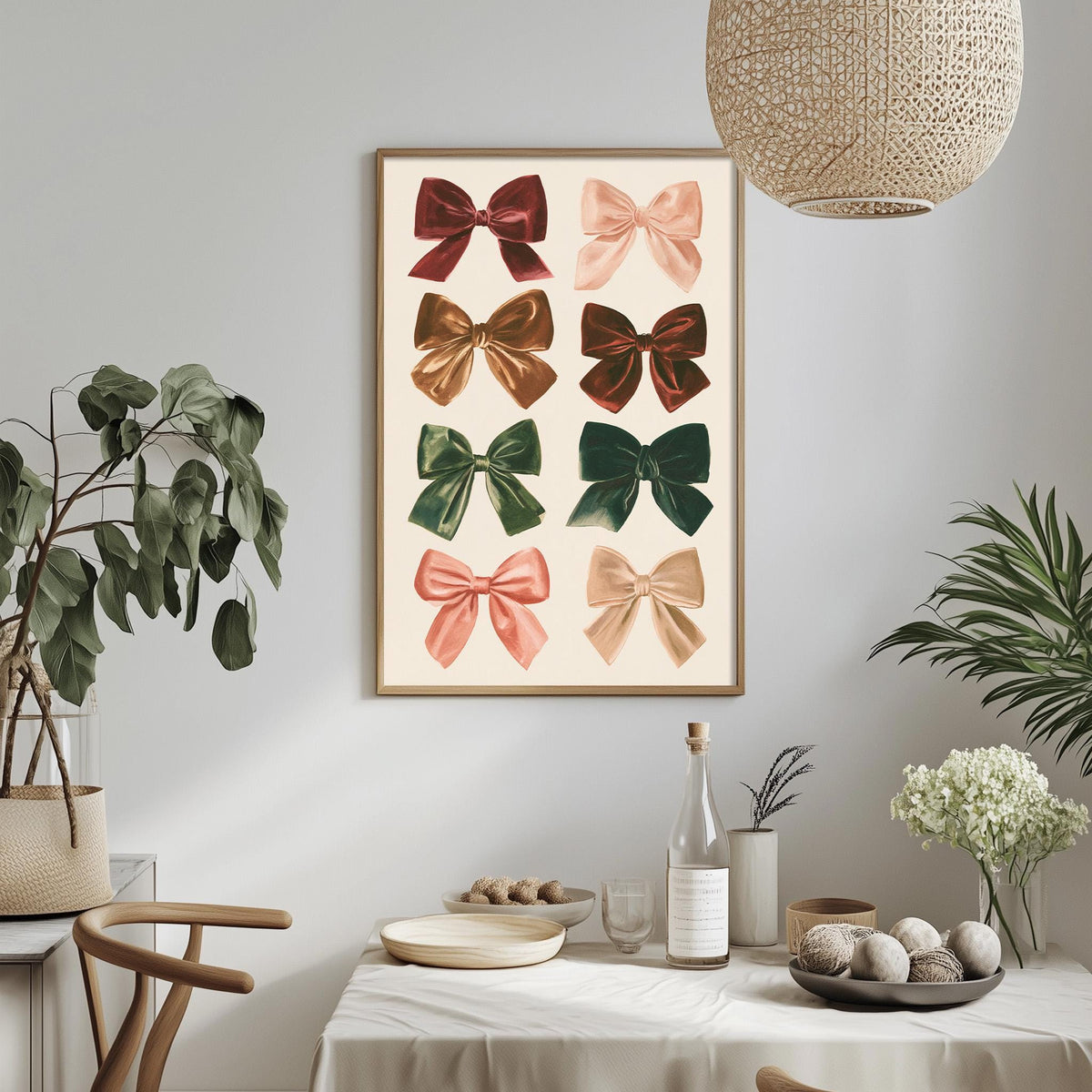 a dining table with a white tablecloth, a bowl of fruit, a bottle, and a vase with flowers. Above the table, there is a framed picture of colorful bows hanging on the wall.