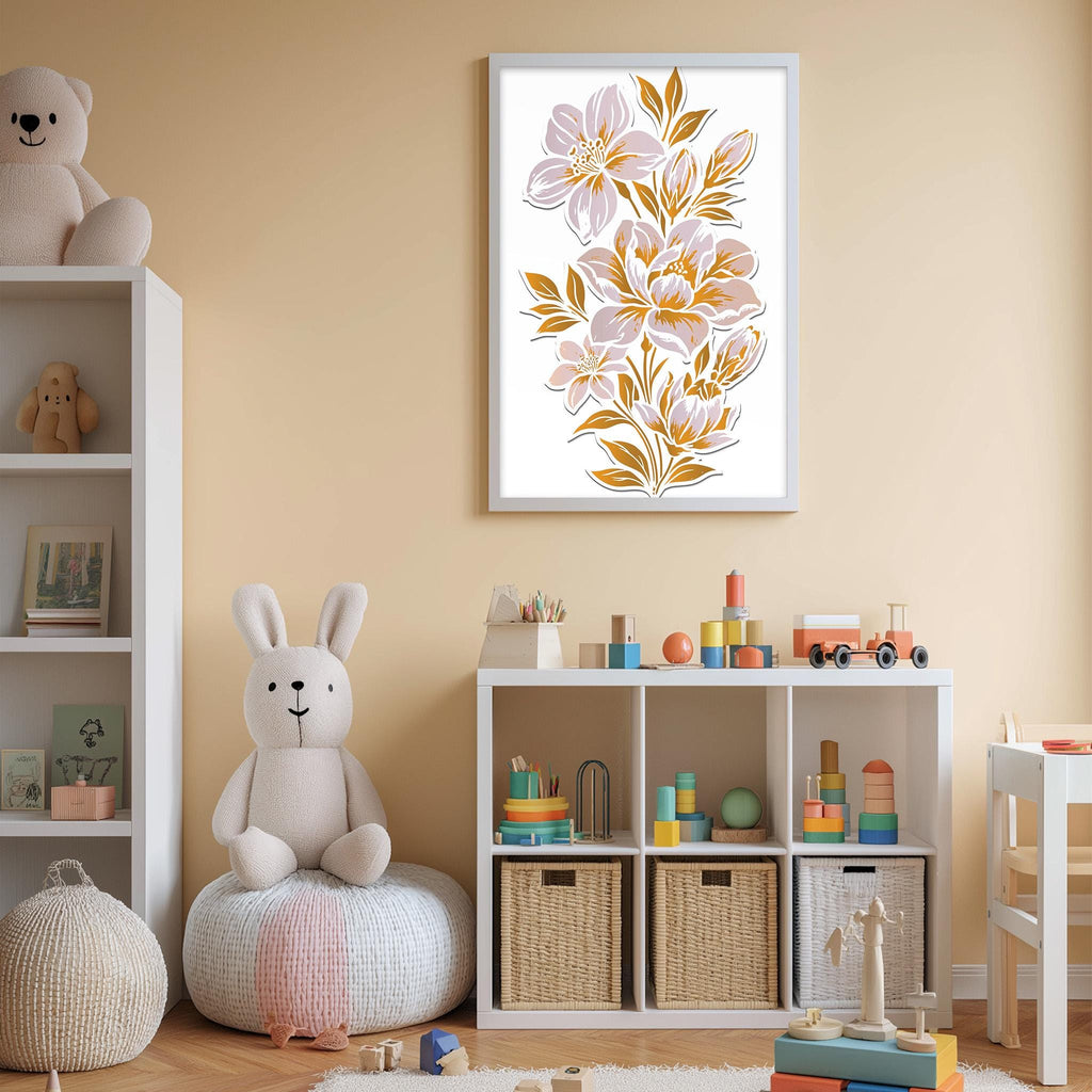 A cozy and colorful children's bedroom with a large floral print on the wall, a white bookshelf filled with toys, and a plush rabbit sitting on a bean bag chair.