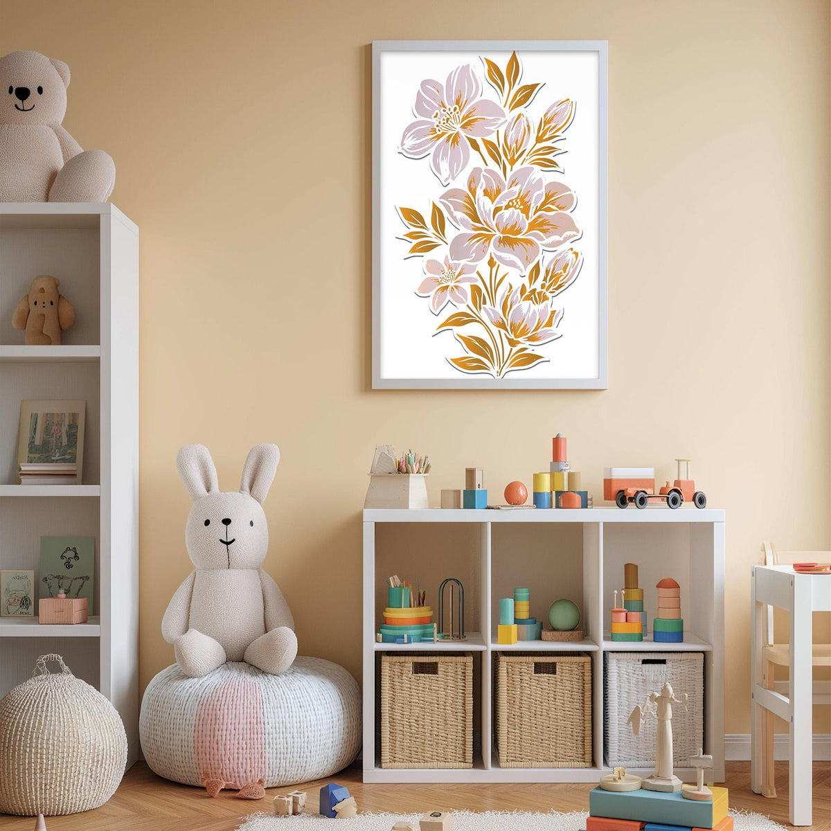 A cozy and colorful children's bedroom with a large floral print on the wall, a white bookshelf filled with toys, and a plush rabbit sitting on a bean bag chair.