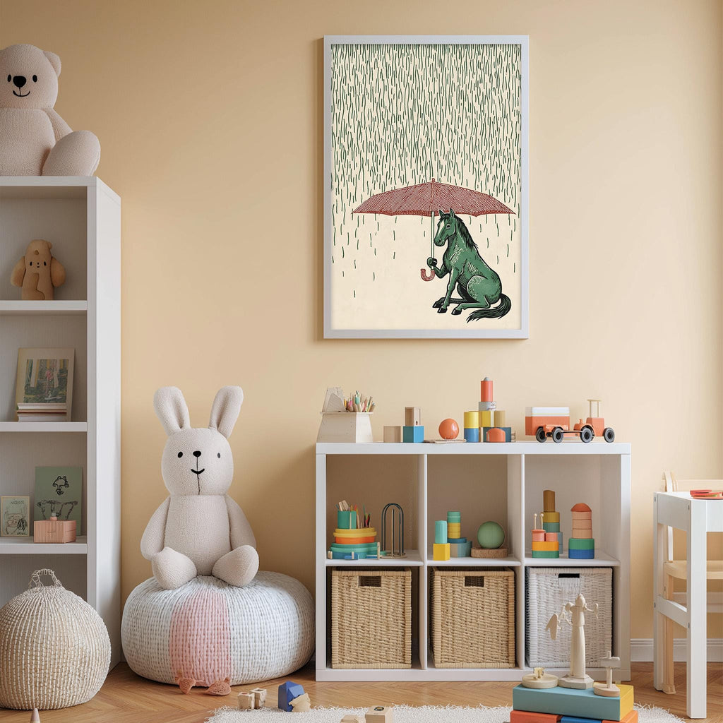 A cozy children's room with a white bookshelf, a plush white bunny, a colorful toy box, and a framed illustration of a horse and a unicorn under an umbrella.