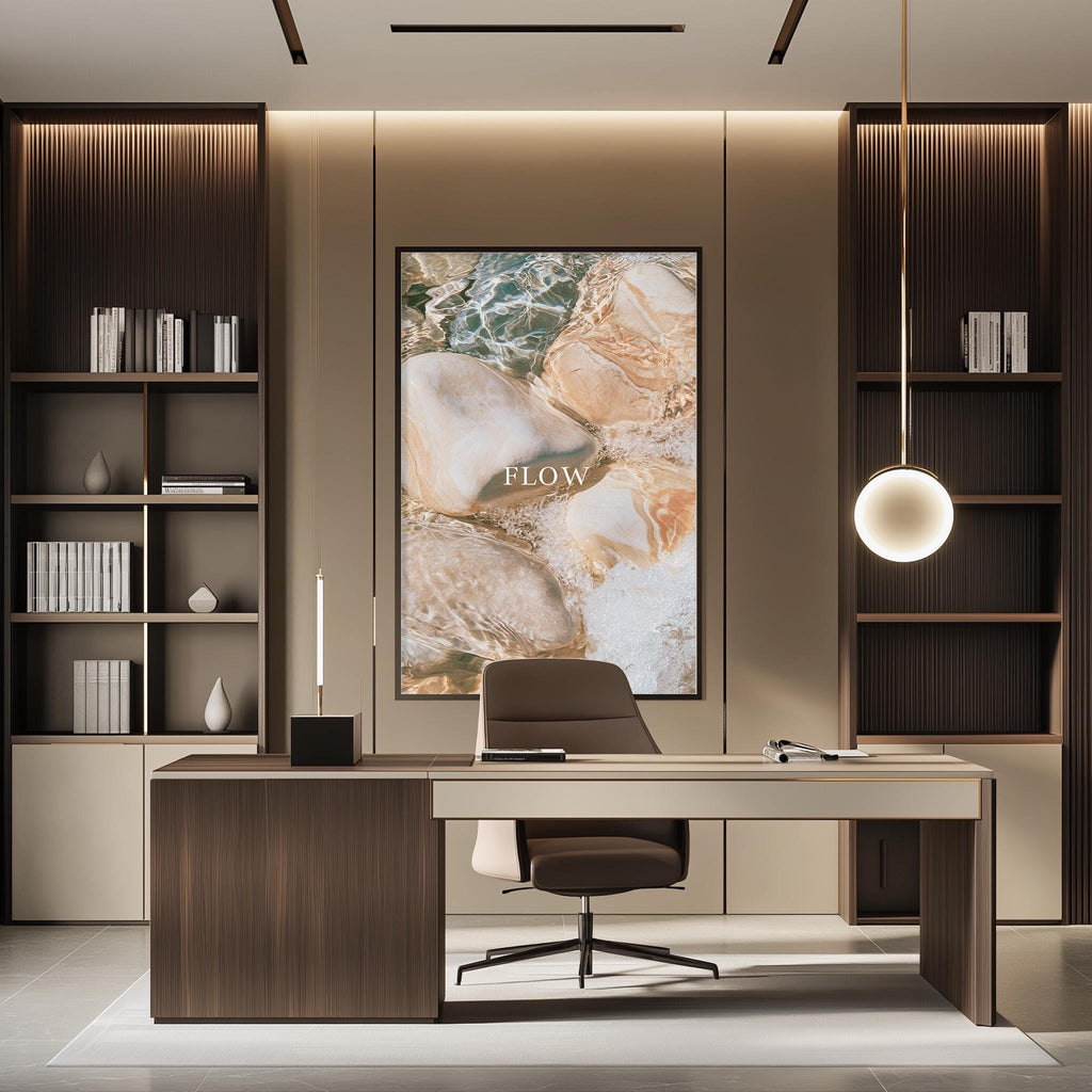 a modern and stylish office space with a large wooden desk, a comfortable chair, and a large framed artwork on the wall.