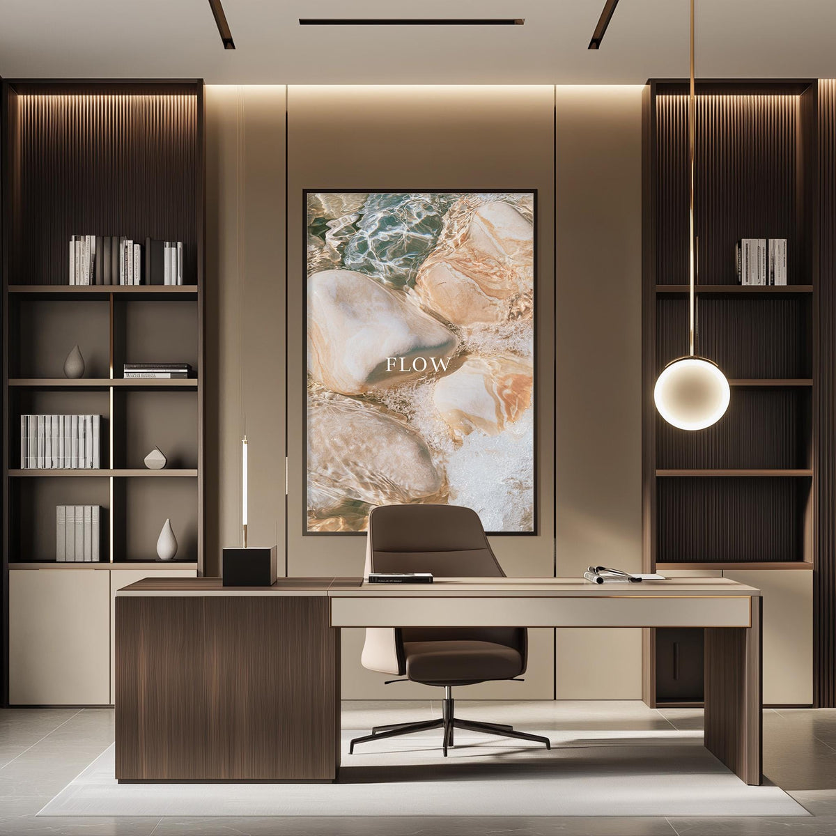 a modern and stylish office space with a large wooden desk, a comfortable chair, and a large framed artwork on the wall.