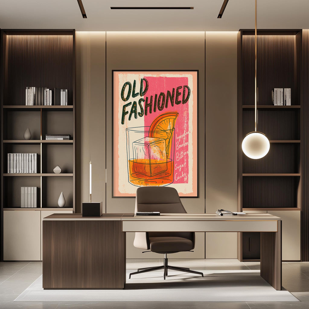 a modern office space with a large framed poster of a cocktail on the wall, a desk with a chair, and a bookshelf.
