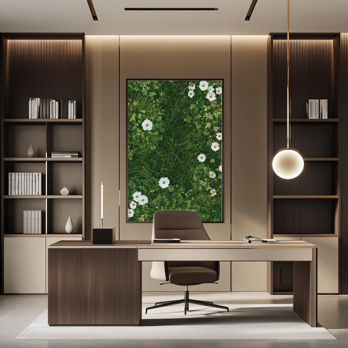 a modern and minimalist office space with a large window that allows natural light to flood the room. The office features a wooden desk with a comfortable-looking chair, and a large framed picture of white flowers hanging on the wall behind the desk. The room also includes built-in bookshelves and a pendant light fixture, creating a serene and organized atmosphere.