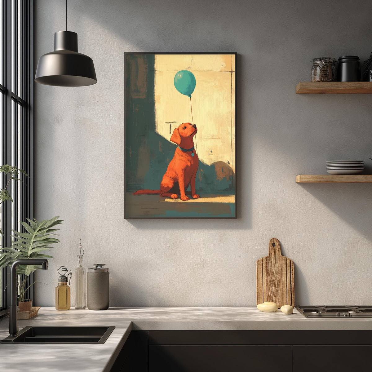 a kitchen counter with various items on it, including a framed painting of a dog holding a green balloon, a wooden cutting board, and a potted plant.