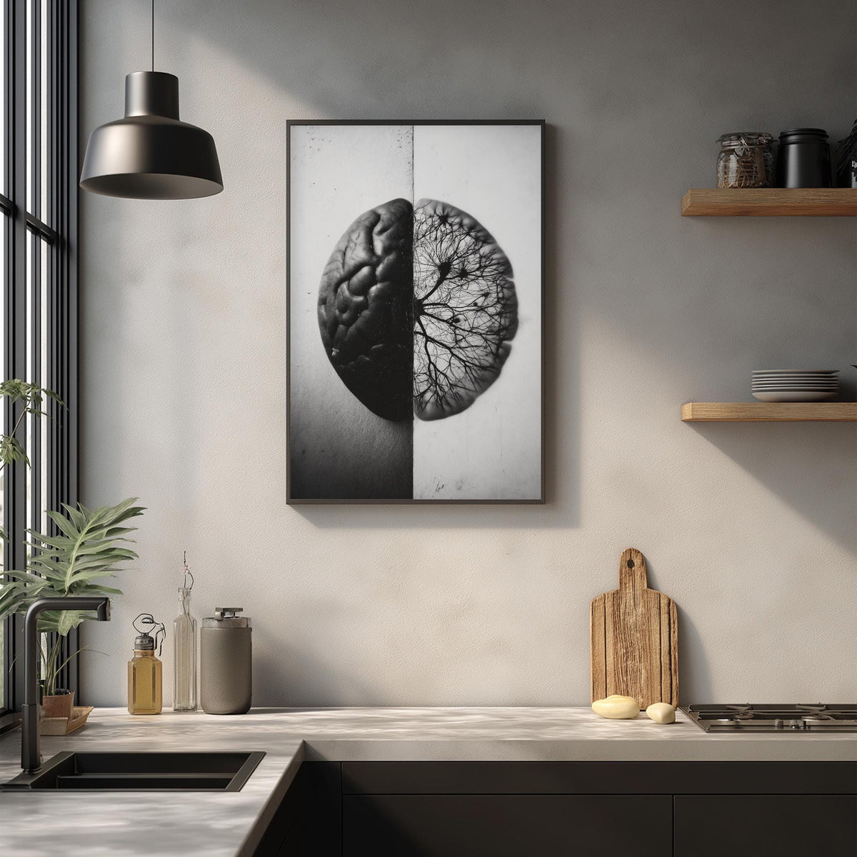 a kitchen counter with a framed black and white image of a brain on the wall above it. The kitchen counter also has various kitchen items such as a cutting board, a bottle, and a vase.