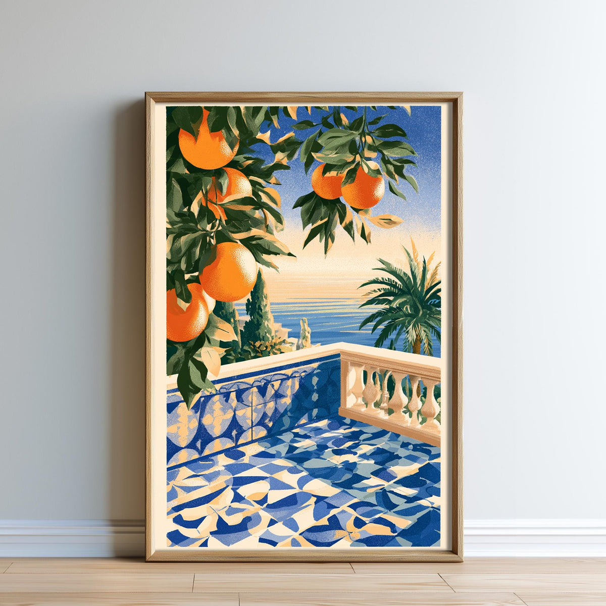 The image is a framed painting depicting a balcony with a view of the ocean and palm trees.