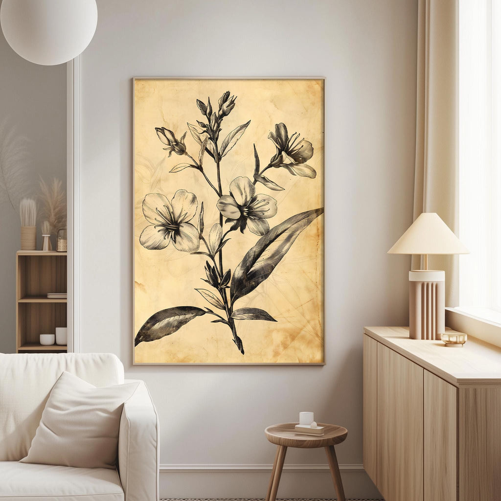 Vintage Botanical Print - Sepia Floral Wall Art Antique Flower Print for Living Room