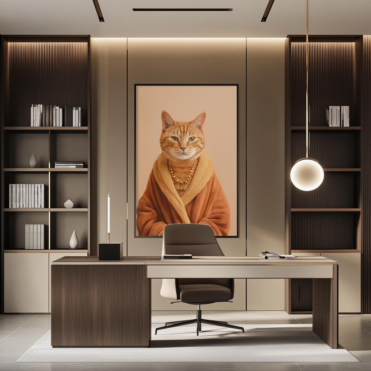a modern office space with a large framed picture of a cat wearing a robe, positioned above a desk with a chair.
