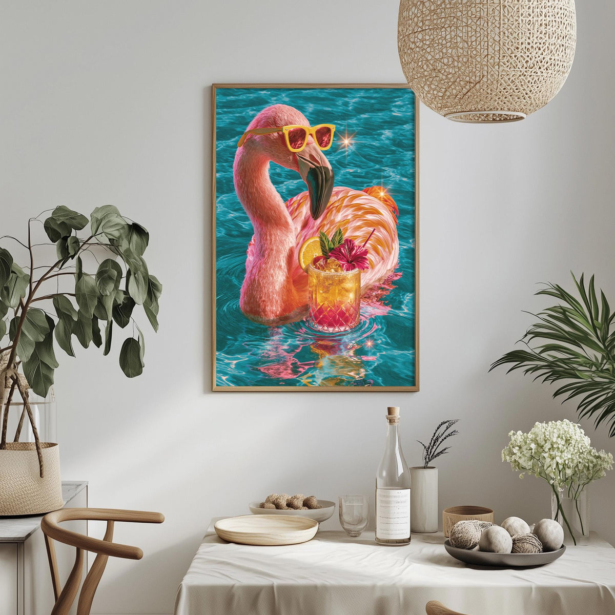 a vibrant painting of a flamingo wearing sunglasses and holding a drink, surrounded by tropical plants and a dining table with various items on it.