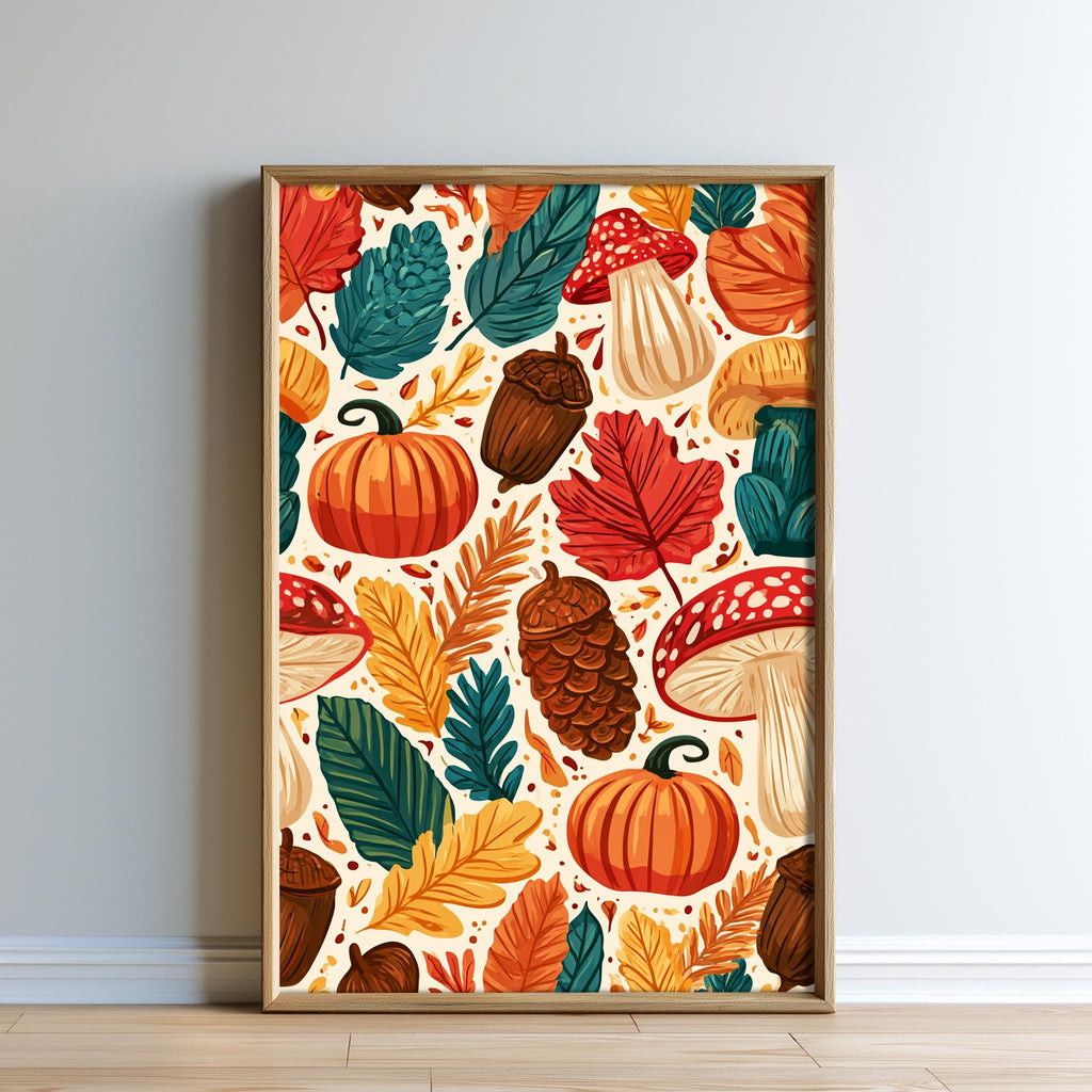 The image is a framed print featuring a vibrant autumn scene with various colorful leaves, mushrooms, pumpkins, and acorns.