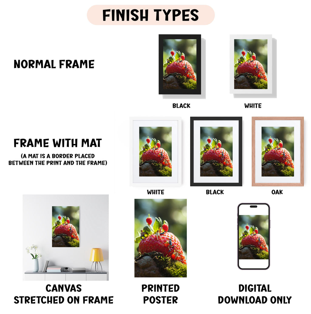 various types of framed artwork, including a normal frame, a frame with a mat, a white frame, a black frame, an oak frame, a white frame, a black frame, a canvas stretched on a frame, a printed poster, and a digital download only.