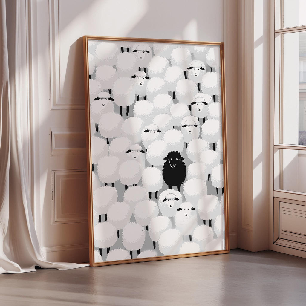 a large framed poster with a repeating pattern of white sheep and a single black sheep in the center.