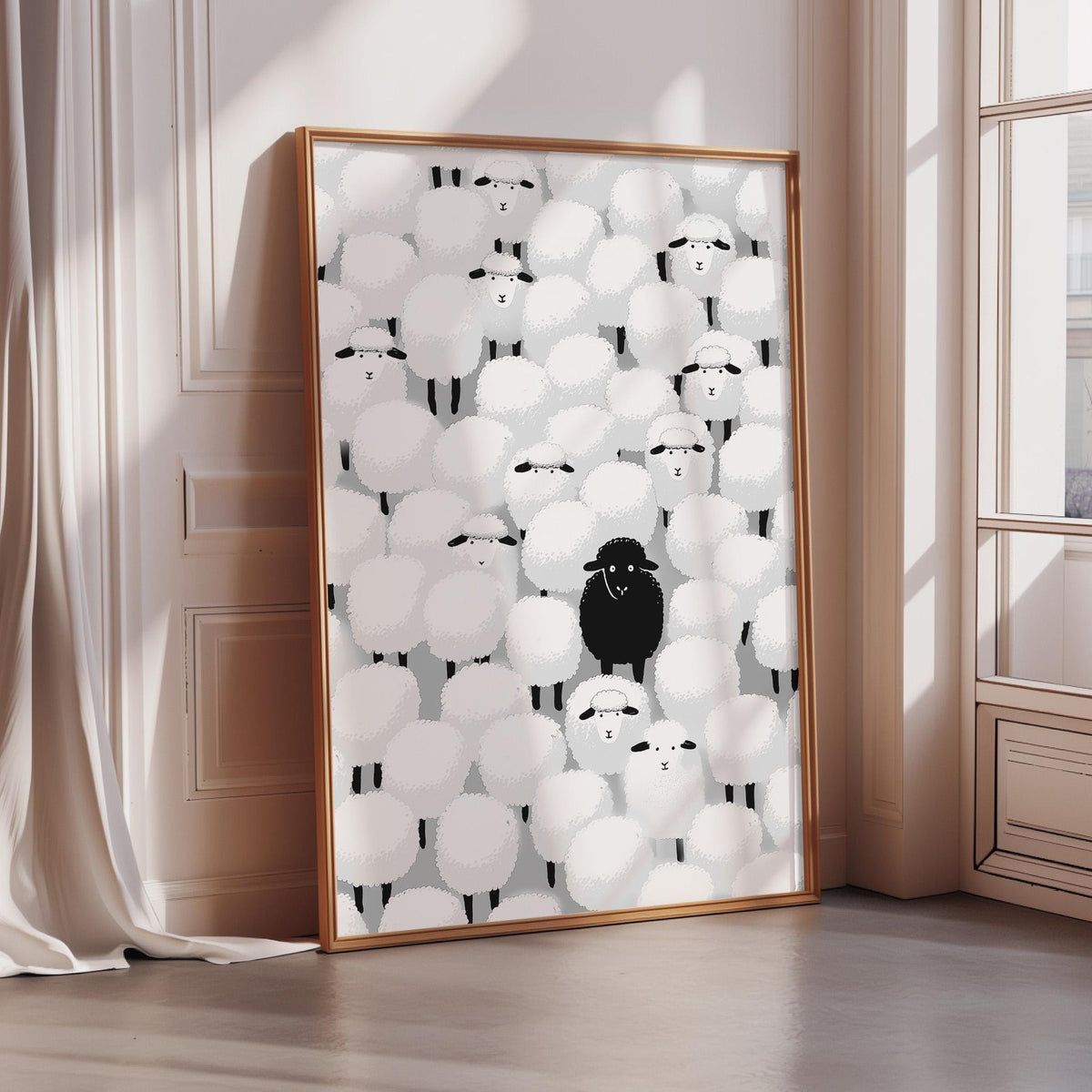 a large framed poster with a repeating pattern of white sheep and a single black sheep in the center.