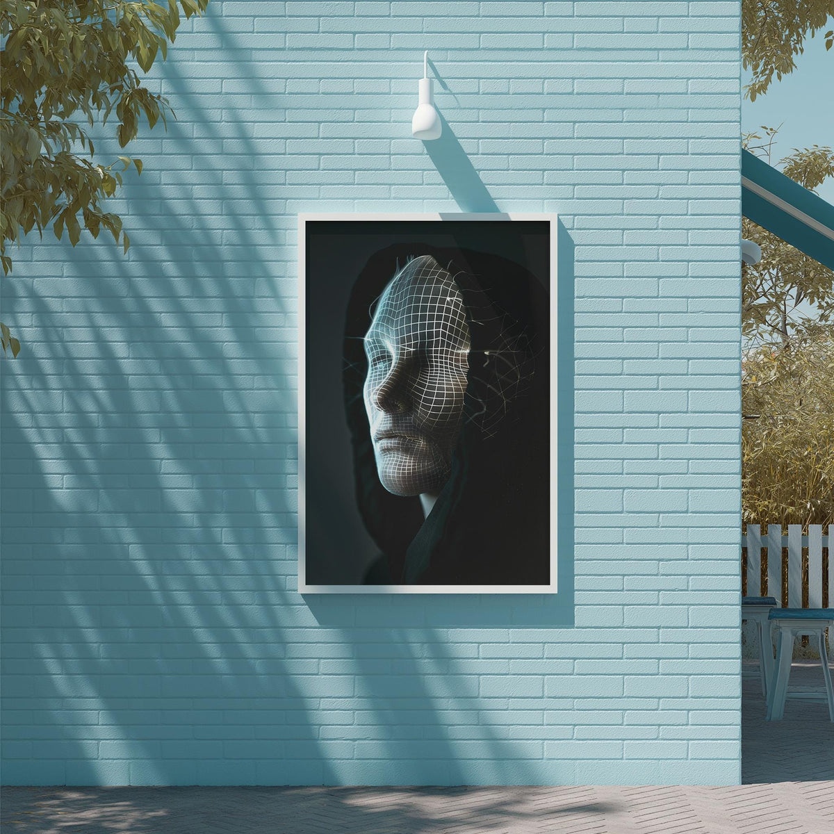 a framed portrait of a person with a wire mesh overlay, mounted on a blue brick wall.