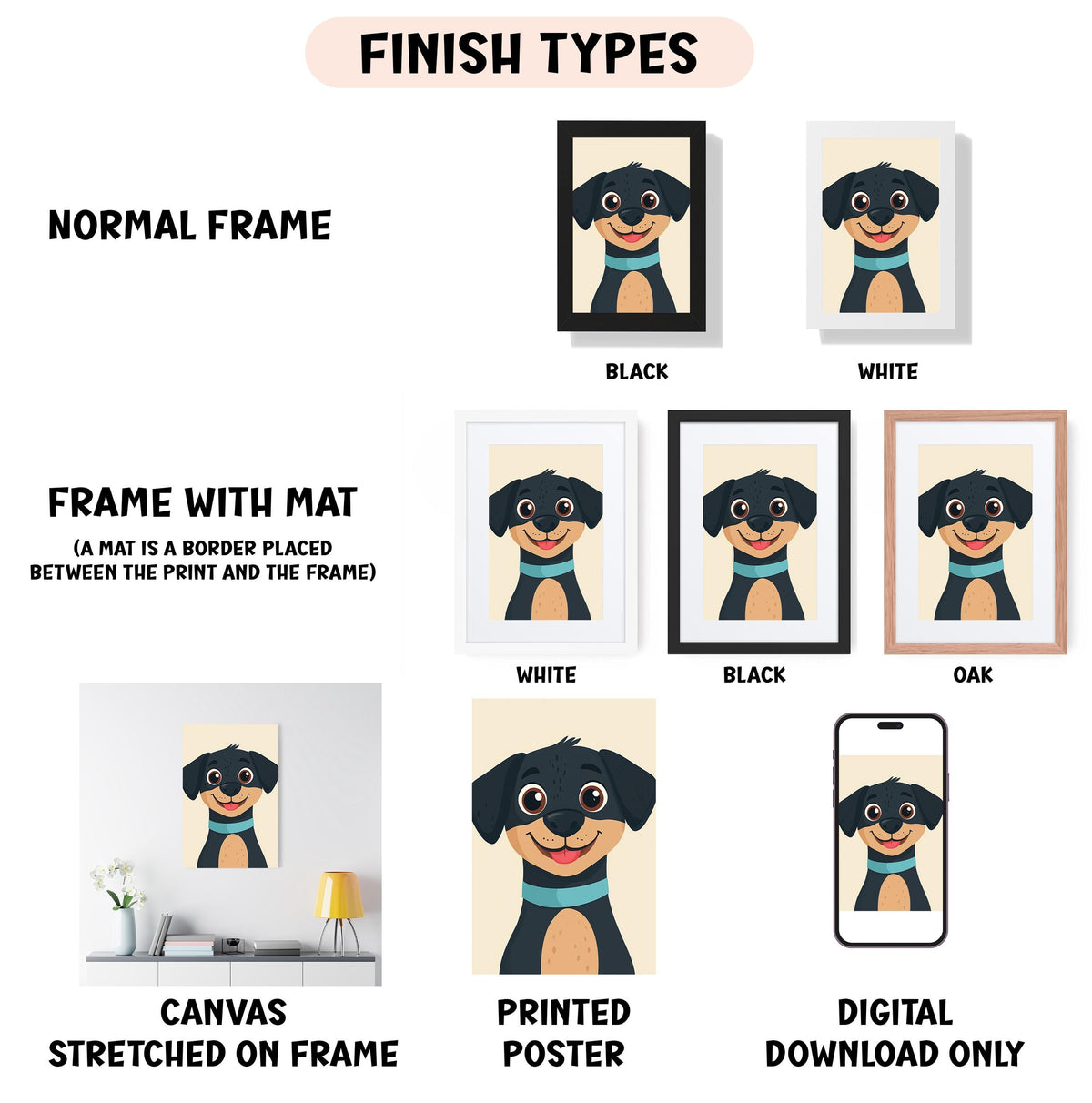 various types of artwork, including a canvas stretched on a frame, a framed poster, and a digital poster. The artwork features a cartoon dog with a blue collar, and the image is labeled with different finish types such as "NORMAL FRAME", "FRAME WITH MAT", "WHITE", "BLACK", and "OAK".