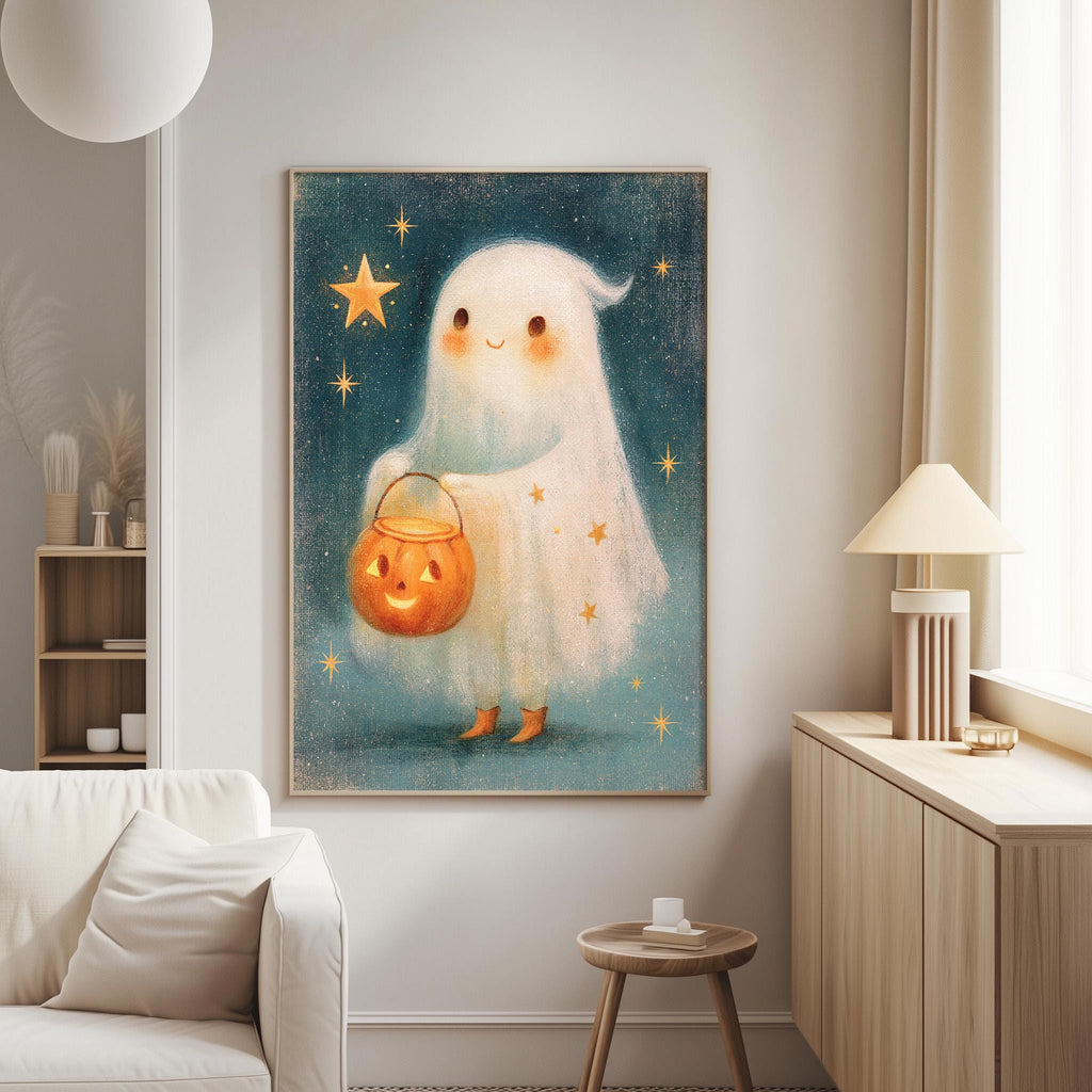 a cozy living room with a large framed painting of a ghost holding a pumpkin and a star on the wall. The painting is surrounded by a white couch and a small wooden table.