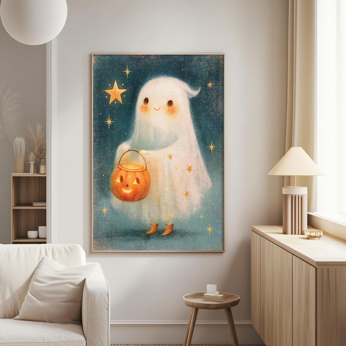 a cozy living room with a large framed painting of a ghost holding a pumpkin and a star on the wall. The painting is surrounded by a white couch and a small wooden table.