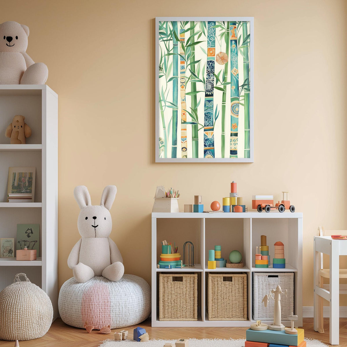 A cozy and colorful children's bedroom with a large stuffed rabbit, shelves filled with toys, and a framed bamboo forest print on the wall.