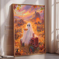 The image is a painting depicting a ghost in a pumpkin patch surrounded by autumn foliage, with a red tractor and a barn in the background.