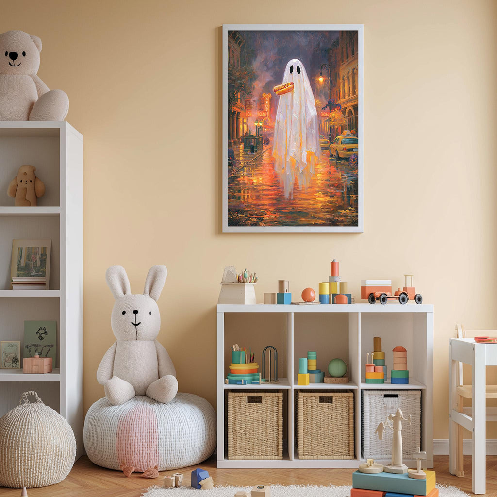 a cozy and colorful children's bedroom with a large framed painting of a ghost floating in a city street at night. The room is filled with various toys, including a teddy bear, a bunny, and a stack of books. The walls are painted a light peach color, and the floor is covered with a white rug.