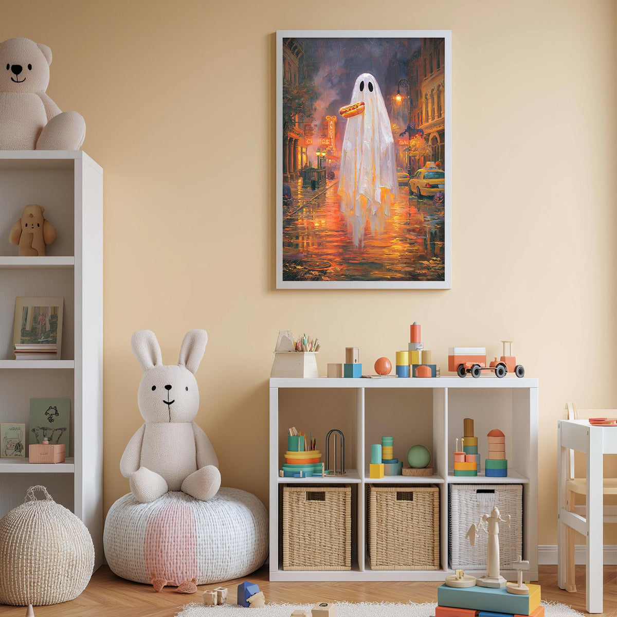 a cozy and colorful children's bedroom with a large framed painting of a ghost floating in a city street at night. The room is filled with various toys, including a teddy bear, a bunny, and a stack of books. The walls are painted a light peach color, and the floor is covered with a white rug.